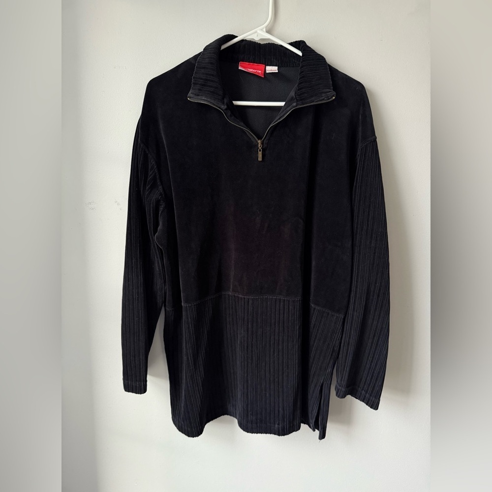 VTG Liz Claiborne Black Zip-Up Sweater Suede Cotton Pattern Pullover Soft Size L
